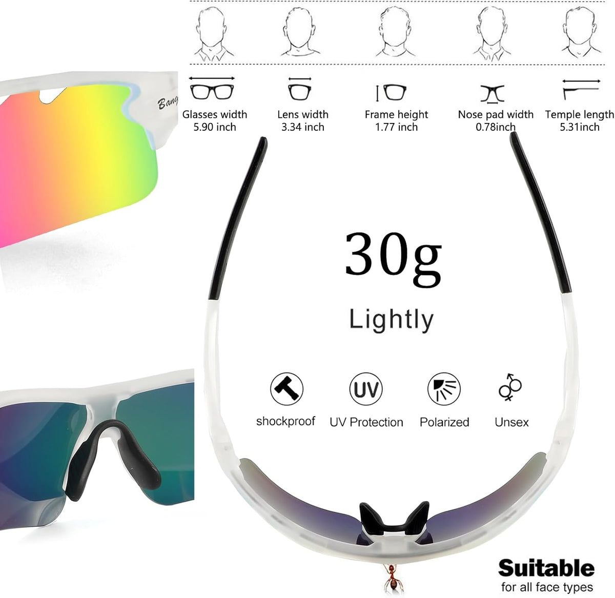 BangLong Polarized Sports Sunglasses Cycling Sun Glasses for Men Women with 5 Interchangeable Lenes for Running Baseball Golf