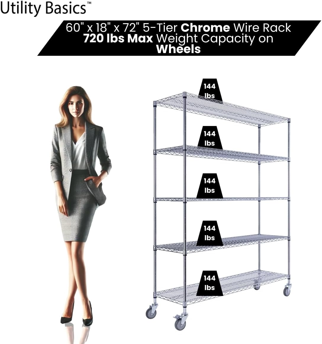 60"x18"x72" Chrome 5-Tier PREMIUM Wire Shelving NSF 4000 LBS MAX CAPACITY Heavy Duty Steel Storage Rack for Warehouses, Garages, Hospitals, Commercial Spaces, & Schools w/PREMIUM WHEELS