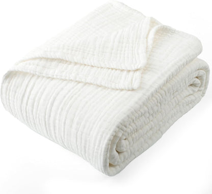 Carriediosa 100% Cotton Muslin Throw Blanket 90" X 90" Queen Size，4-Layers Summer Gauze Throws for Bed Couch，Soft Lightweight Breathable Linen Blankets Bedspread for Adults All Season，White