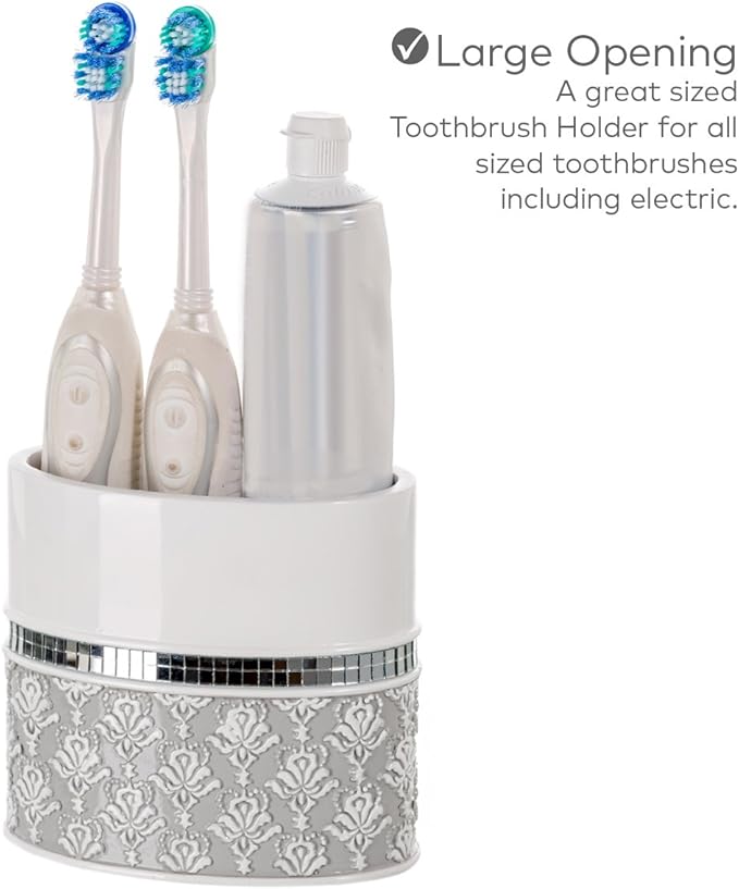 Creative Scents Mirror Damask Toothbrush Holder for Bathroom - Gray & White Toothbrush and Toothpaste Holder - Decorative Toothbrush Cup for Bathroom Holds Multiple Standard Or Electric Toothbrushes