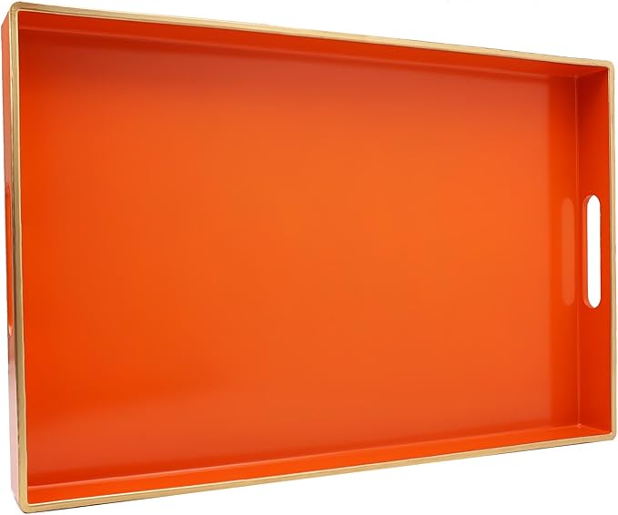 Spsyrine Orange Decorative Serving Tray with Handles, Elegant Plastic Coffee Table Tray for Ottoman, Living Room, Home Decor 15.6" X 10.2"