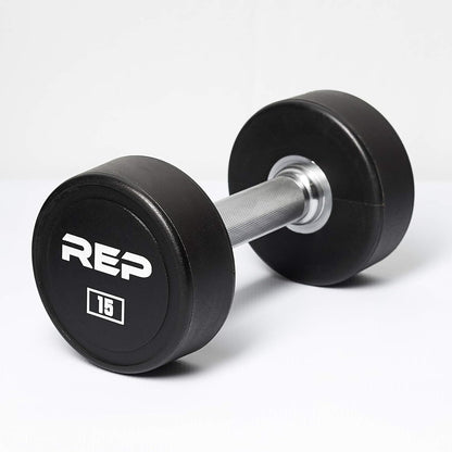 REP Fitness Urethane Coated Round Dumbbells, 5 to 100 lbs, Singles or Pairs, With or Without Rack, Steel Core, Rubber Encased, Chrome Handles, Professional Weights for Home Gym Strength Training