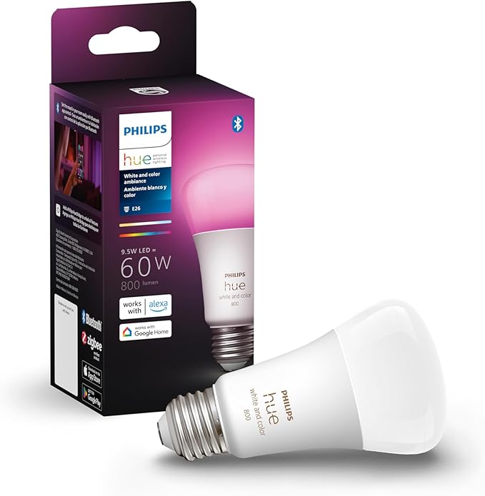 Philips Hue Smart 60W A19 LED Bulb - White and Color Ambiance Color-Changing Light - 1 Pack - 800LM - E26 - Indoor - Control with Hue App - Works with Alexa, Google Assistant and Apple Homekit