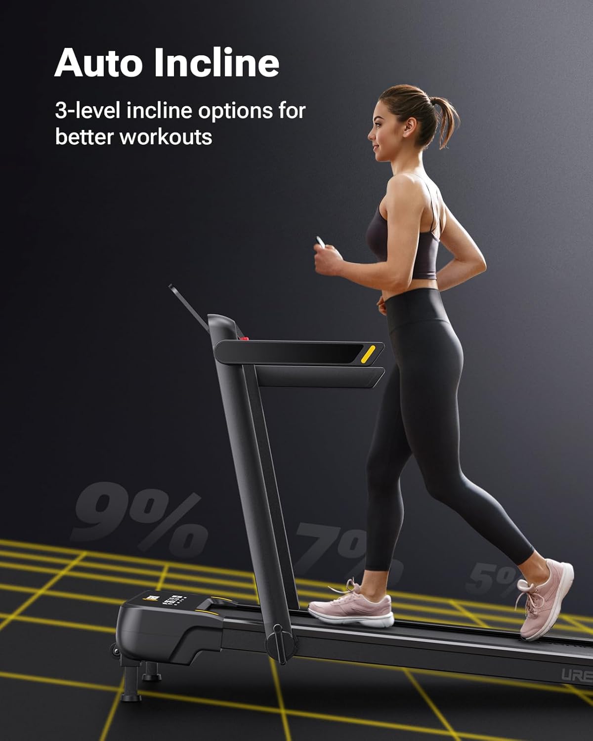 Smart Treadmill with 9% Auto Incline, Hiking and Running Walking Pad Treadmills for Home Office, Treadmill with UREVO APP, AI Powered Music Course, HIIT Programs Synced to Scenic Route, One-Click Mute