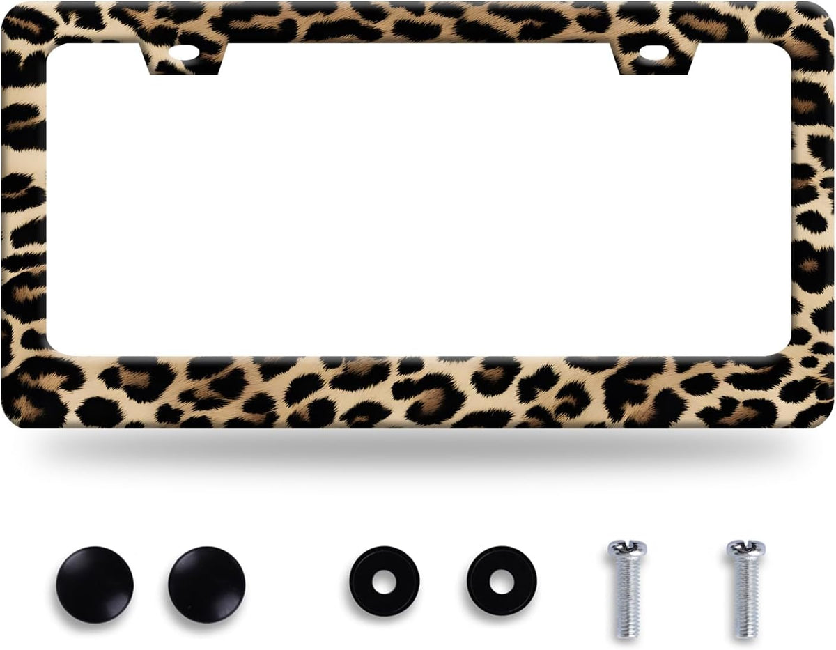 Leopard License Plate Frame Cheetah Leopard Brown License Plate Stainless Steel Funny License Plate Holder Animal Car Accessories with Screws Car Decoration 12.3" x 6.3" Fits Standard Vehicles Size
