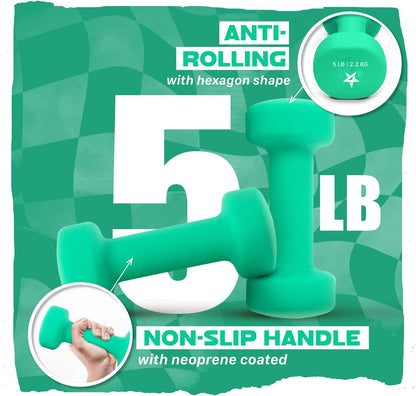 Yes4All Neoprene Coated Dumbbell Hand Weight Sets of 2 - Multiple Weight Options with 15 Colors, Anti-roll, Anti-Slip, Hexagon Shape