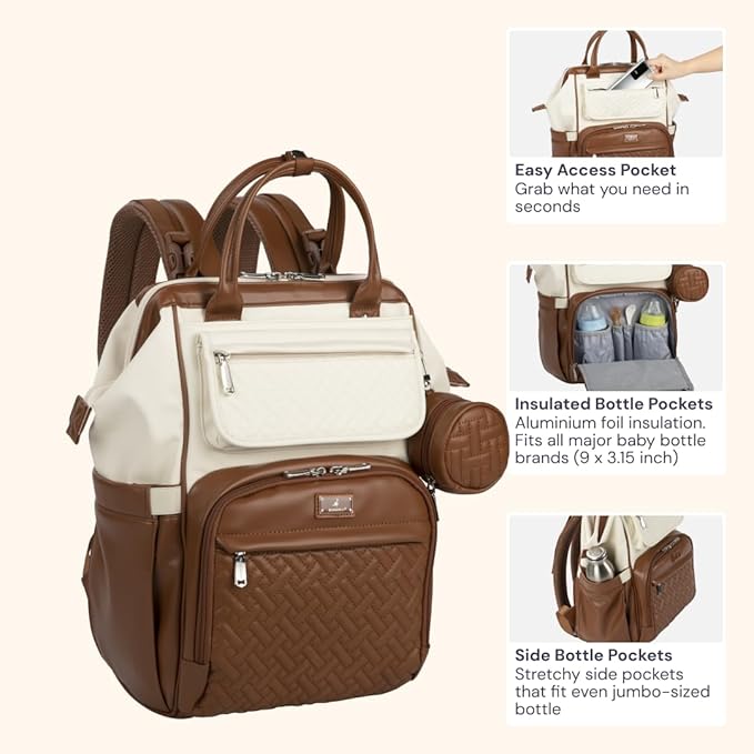 BabbleRoo Leather Diaper Bag Backpack, Multifunction Large Bags with Changing Pad & Stroller Straps & Pacifier Case, Unisex Stylish Travel Back Pack Nappy Changing Bag for Moms Dads (Coffee Cream)