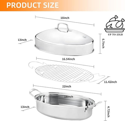 QPMR 22" Stainless Steel Roasting Pan with Lid and Rack,25LB Capacity,Large Roaster Pan for Oven,Nonstick Roasting Pan for Turkey,Chicken,Gifts for Mom,Wife