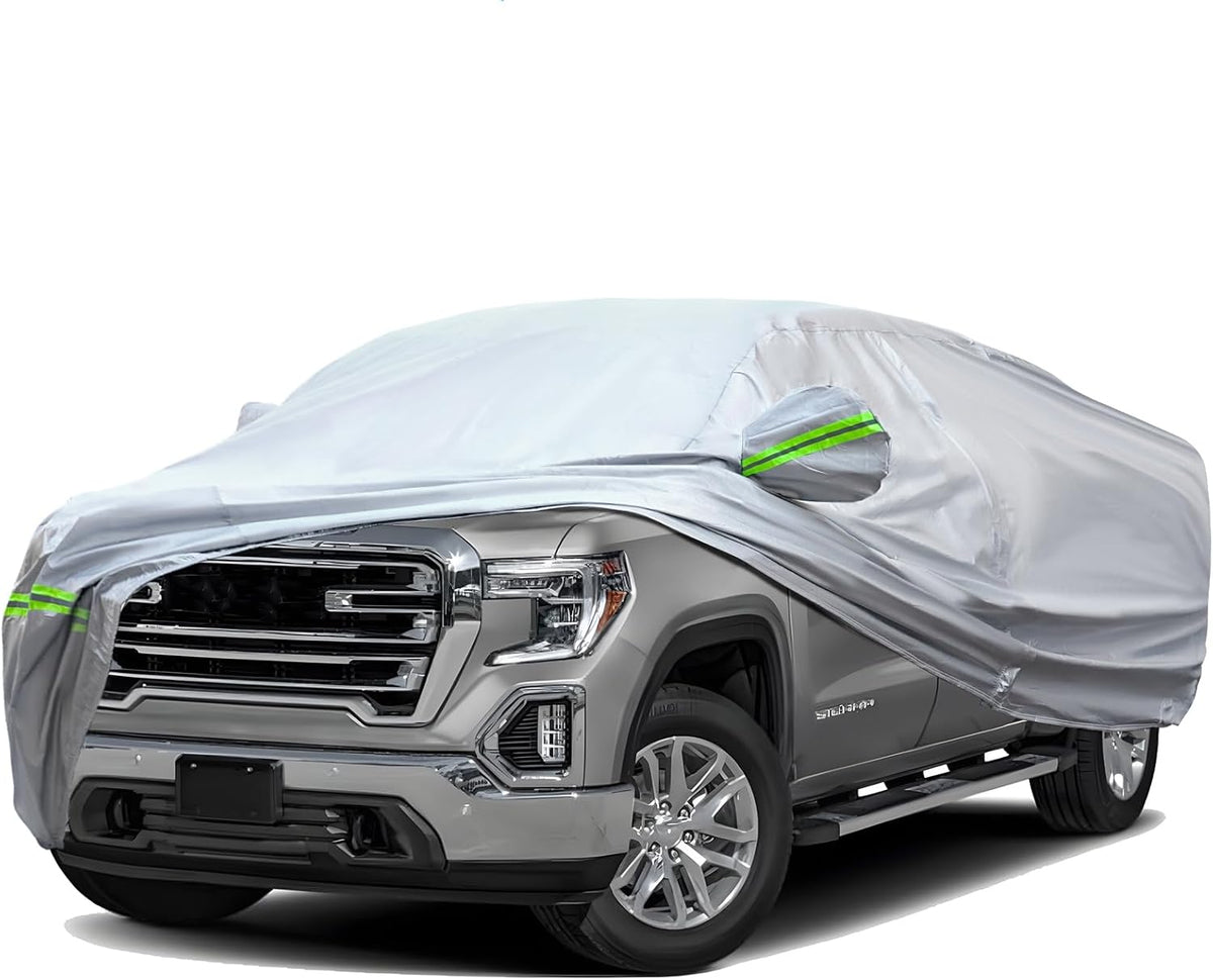 TUCAREST 6-Layers Heavy Outdoor Pickup Full Car Cover Hard Shell Zipper Design Waterproof All Weather Weatherproof UV Sun Protection Snow Dust Storm Resistant with Straps (Fit for UP to 213"-237")