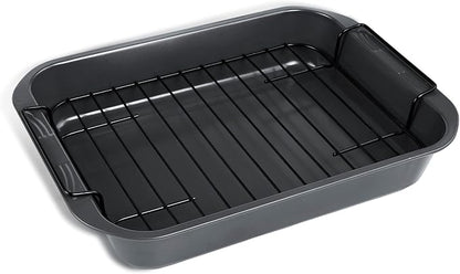 kitCom Bakeware Nonstick Roaster, Nonstick Roasting Pan with Rack, Great For Roast Chicken, Roasts And Turkeys - 15 Inch x 11 Inch (5.8 QT), Gray