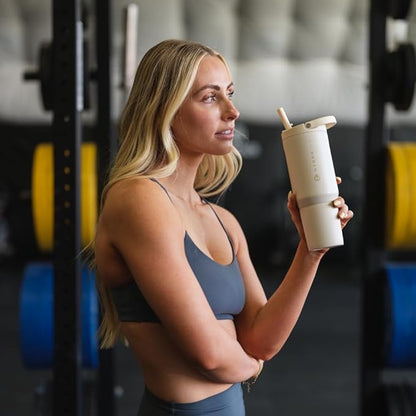 HydroJug Sport - Stainless Steel Tumbler with Straw, Vacuum Insulated, 20oz Leakproof Water Bottle, Ergonomic Design, Reusable, Dishwasher Safe, Rubber Base, Durable for Gym or Outdoors, Cream