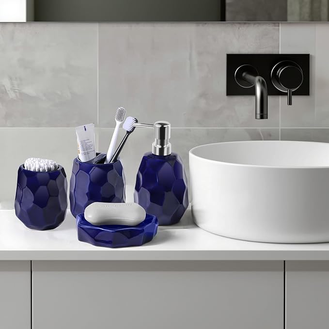 Ceramic Bathroom Accessories Set 4 PCS,Bathroom Toothbrush Holder Set,Soap and Toothbrush Holder Set,Include Toothbrush Holder,Soap Dispenser,Tumbler,Soap Dish,Bathroom Sets Decor Organizer(Navy Blue)