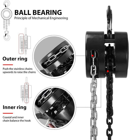 SPECSTAR Hand Chain Hoist 1 Ton 2200 Lbs Capacity 10 Feet with 2 Heavy Duty Hooks, Manual Chain Fall for Warehouse Building Automotive Machinery Black