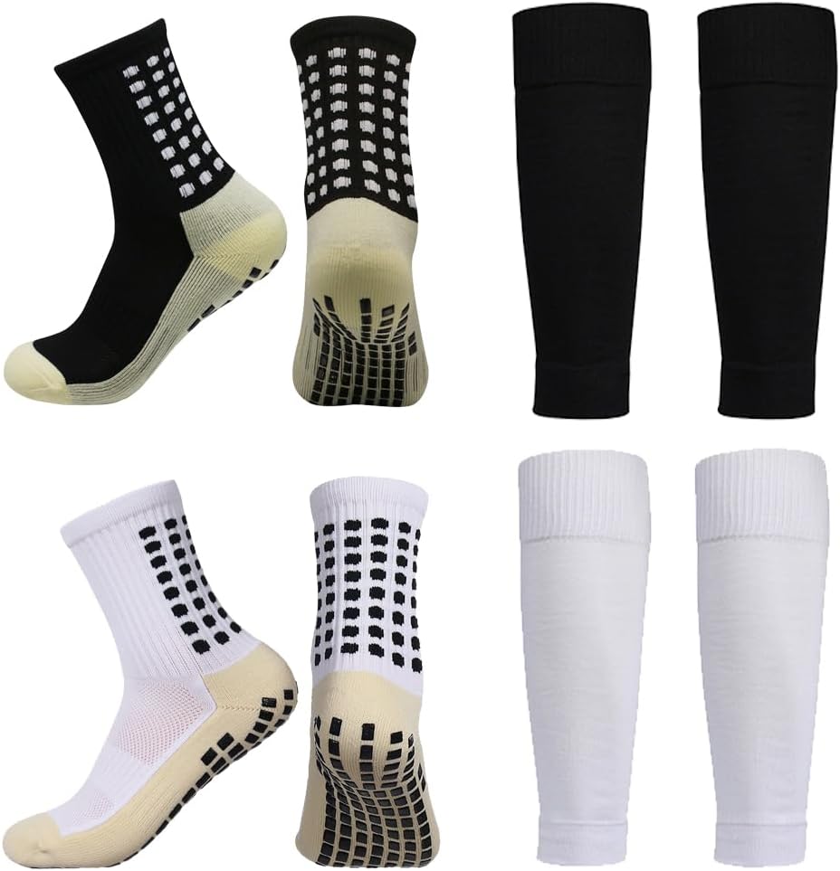 2 Set Anti-Slip Grip Soccer Socks with Shin Guard Sleeves, Sports Athletic Socks for Men Women