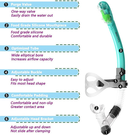 WACOOL Training Headstrap Support Dry Top Snorkel Tube Comfortable Mouthpiece One-Way Purge Valve for Pool Open Water Scuba Lap Swimming Swimmer Diving Snorkeling