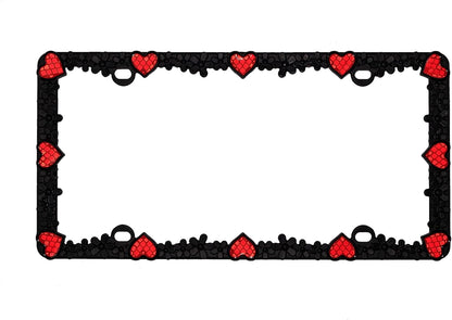 Creathome 3D Daisy Heart License Plate Frame from Pure Zinc Alloy Metal Perfect Plate Holder, Matt Black Daisy with Red Reflective Heart