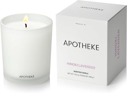 Apotheke Signature Scented Candles for Home, Hinoki Lavender - 10.5 oz - Soy Wax, Non Toxic, Large Jar White - Luxury Candle Gifts for Women & Men - Hinoki Cypress, Lavender, and Lotus Flower