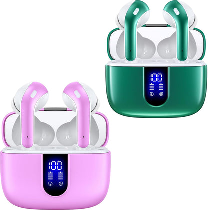TAGRY 2 Sets X08 Forest Green and Sunset Pink Bluetooth Headphones True Wireless Earbuds 60H Playback Ear Buds with Wireless Charging Case in-Ear Earbuds with Mic