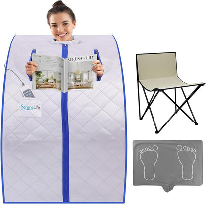 SereneLife Portable Sauna Box for Home, Infrared Sauna Tent with Heated Foot Pad and Folding Chair, Remote Control In-Home Spa, 38" x 32” - (Silver)