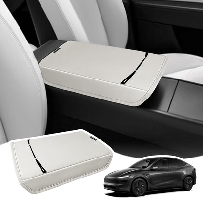 Muslogy Center Console Armrest Cover Compatible with Tesla Model Y Refresh 2026 Comfort Armrest Pad Arm Rest Cushion Vegan Leather Protector Regular Thick (25+ |Juniper| White, Regular)