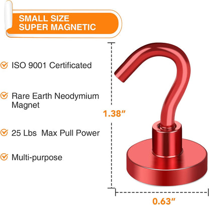 MIKEDE Magnetic Hooks Heavy Duty, 28LB+ Strong Magnets with Hook for Fridge, Neodymium Extra Strength Industrial Hooks for Hanging, Magnetic Hanger for Toolbox, Cruise, Grill(Red,4 Pack)