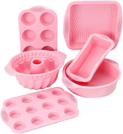 Silicone Baking Tray Silicone Mold Sets Muffin Cup Toast Baking Pan Diy Cake Mold Bakeware Cake Decoration Accessories 6Pcs Set Pink