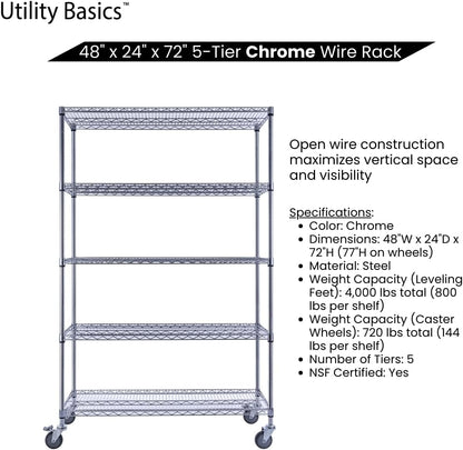 48"x24"x72" Chrome 5-Tier PREMIUM Wire Shelving NSF 4000 LBS MAX CAPACITY Heavy Duty Steel Storage Rack for Warehouses, Garages, Hospitals, Commercial Spaces, & Schools w/PREMIUM WHEELS