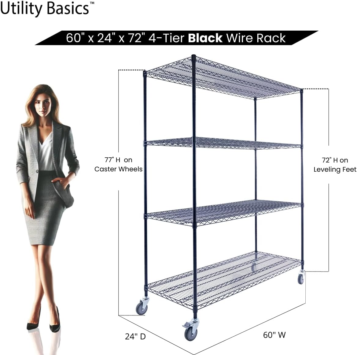 60"x24"x72" Premium Metal Steel 4-Tier Wire Shelving NSF 3200 LBS MAX Capacity Heavy Duty Storage Rack for Hospitals, Schools, Commercial Spaces, and Garages w/Premium Wheels
