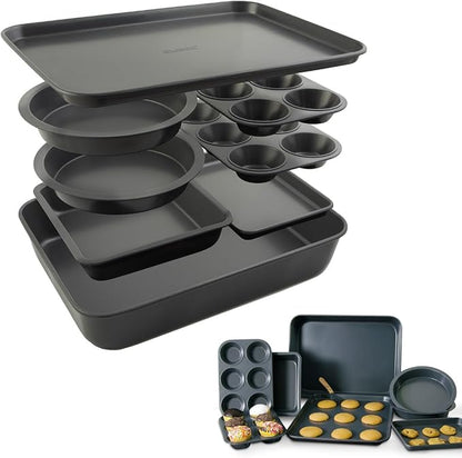 Elbee Home 8-Piece Nonstick Aluminized Steel, Space Saving Baking Set, With Deep Roasting Pan, Cookie Sheet, Cake Pans, Muffin Pans and Baking Pan PFOA & PFOS Free, Holiday Gift for Her