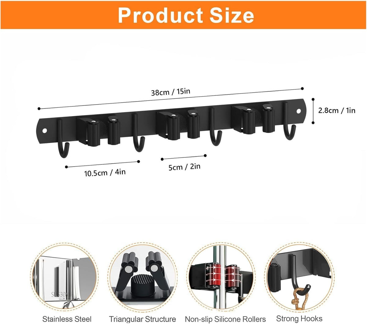 Mop and Broom Holder Wall Mount, Upgraded Broom Organizer Wall Mount, Stainless Steel Broom Hanger Wall Mount for Kitchen Garden Laundry Room Decor (3 Racks with 4 Hooks Black)