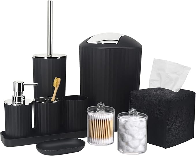 Bathroom Accessory Set - 10 Piece Black Bathroom Accessories Set with Trash Can, Toothbrush Holder and Cup, Soap Dispenser, Soap Dish, Toilet Brush Holder, Vanity Tray, Qtip Holder, Tissue Box Cover