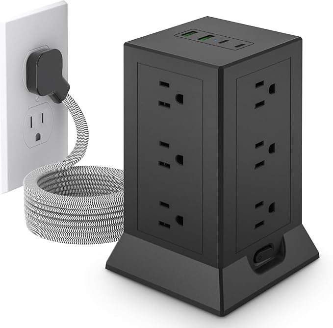 Power Strip Tower with Multiple Outlets, 10 Ft Extension Cord Flat Plug with 12 AC Outlets 4 USB Ports (2 USB C), Power Tower Surge Protector with Individual Switches for Home Office Dorm Room, Black
