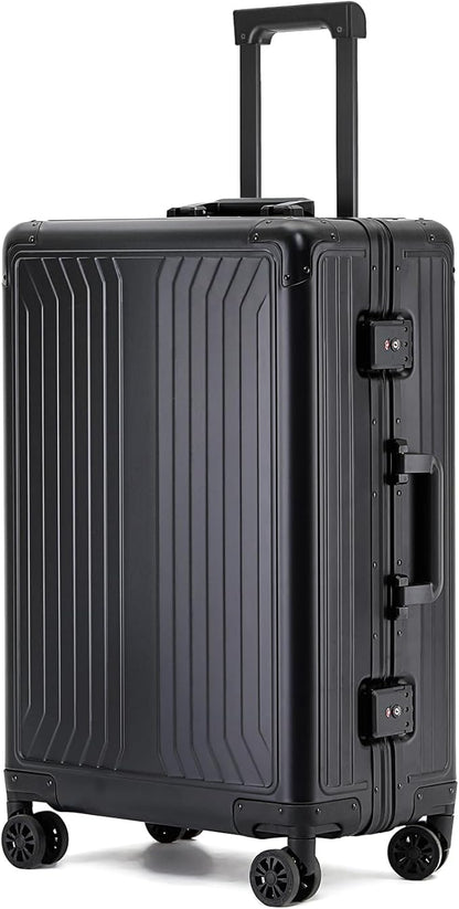 Metal all aluminum carry-on suitcase 20 "hard face, TSA lock and rotating wheel zippered luggage set (black, 28 '')