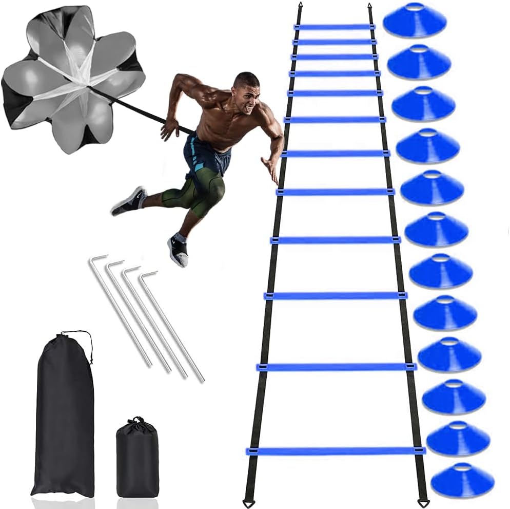 Football Training Equipment | Speed Agility Training Set, Including 1 Agility Ladder, 4 Steel Piles,12 Disc Cones,1 Resistance Umbrella .| for Athletes/Sports Including Football & Basketball