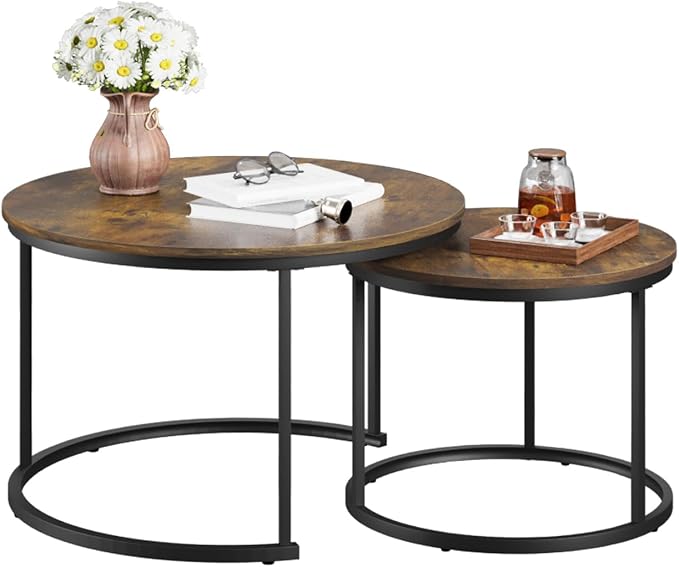 Smuxee Rustic Nesting Coffee Table Set of 2, 27.6" Round Coffee Table Wooden Marble Pattern with Adjustable Non-Slip Feet, Industrial End Table for Living Room Bedroom Balcony
