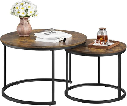 Smuxee Rustic Nesting Coffee Table Set of 2, 27.6" Round Coffee Table Wooden Marble Pattern with Adjustable Non-Slip Feet, Industrial End Table for Living Room Bedroom Balcony