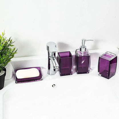 5 Pcs Purple Acrylic Bathroom Accessories Set Complete,Lotion/Soap Dispenser,Soap Dish,Toothbrush Holder, Tumbler,Toilet Brush and Holder,Modern Bathroom Decor and Housewarming Gift Set,Purple