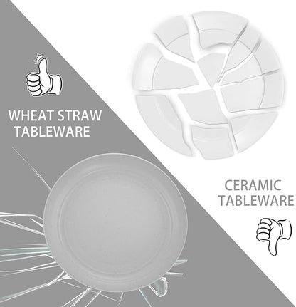 LIYH 48 Pcs Light Grey Plastic Wheat Straw Dinnerware Plates and Bowls Set,Camping Dish Set for 12, Dishwasher Safe Dinnerware Sets, Unbreakable Plates,Camping Dish Sets