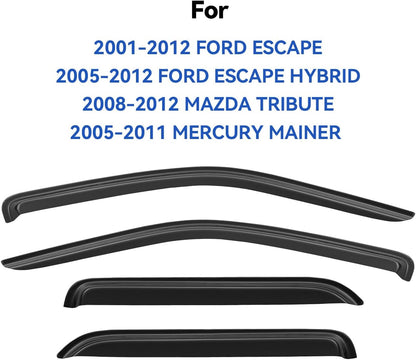 Window Visors Rain Guards Shield for 2001-2012 Ford Escape, Out-Channel Window Vent Wind Deflectors Visors Shades for 2005-2012 Ford Escape Hybrid, 2008-2012 Mazda Tribute, 2005-2011 Mercury Mainer