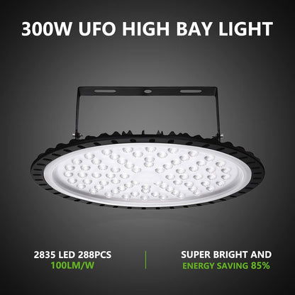 Viugreum 10 Pack 300W UFO LED High Bay Lights, 30000LM 6000K-6500K Daylight White Ultra Thin LED Warehouse Lighting, IP65 Waterproof Commercial Bay Lighting Garage Shop Area Light