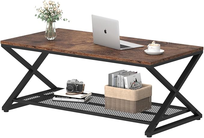 LVB Rustic Coffee Table, Industrial Metal Wood 2 Tier Cocktail Tea Table with Storage for Living Room, Farmhouse Wooden Rectangle Center Table with Mesh Shelf for Office Bedroom, 39 inch, Rustic Brown