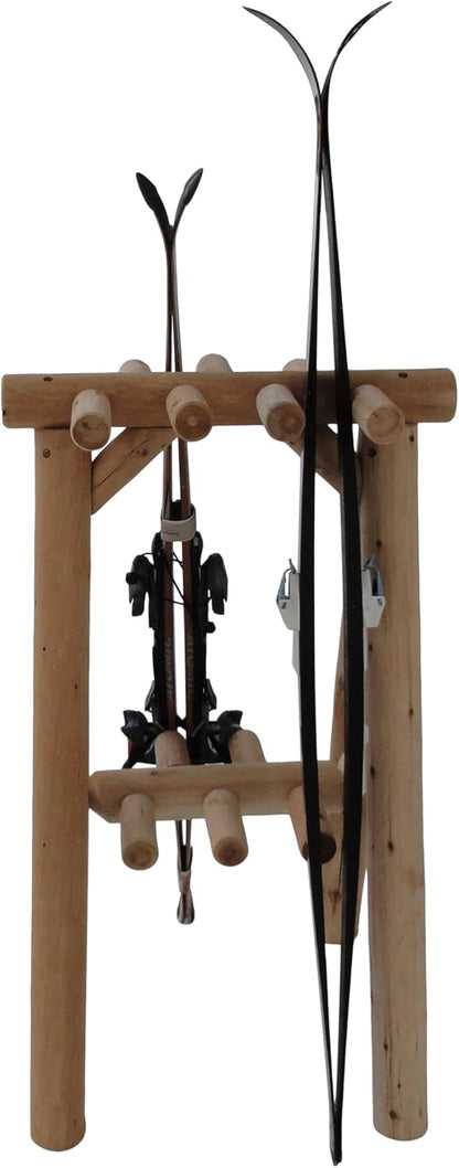9-Place Freestanding Log Ski Rack Holder, Indoor & Outdoor Snowboard Racks, Standing Storage, Garage Racks for Snow Skis & Poles, Snowboard Rack Garage Storage Organizer - Natural + 15" Anchor Kit