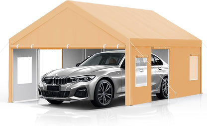 13x25 FT Heavy Duty Carport, Oversized Portable Garage with 4 Doors & 4 Windows, Reinforced Frame, All Weather Protection Outdoor Shelter Canopy for Cars, Boats, Trucks, BBQ and Outdoor Gatherings