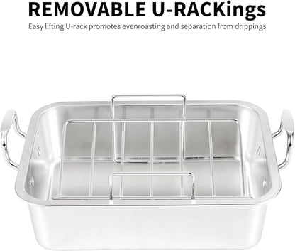 QPMR Roasting Pan with Cooling Rack - Stainless Steel Large Turkey Roaster Pan for Turkey, Chicken, Ham Roaster with V-Shaped Baking Rack Heavy Duty Dishwasher Safe
