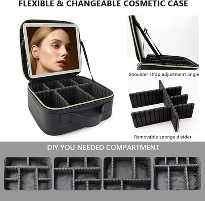 Travel Makeup Bag for Makeup Artists Large Makeup Case,with Mirror 3 Color Setting and Detachable 10x Magnifying Mirror Travel Makeup Bag,Portable Storage and Adjustable Dividers（black）