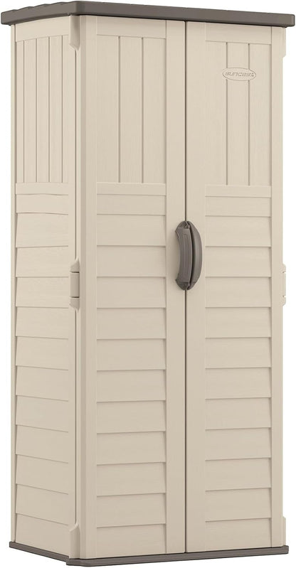 Suncast Vertical Outdoor Storage Shed with Reinforced Floor, Lockable Double Doors, All-Weather Construction, and Multi-Wall Panels, Vanilla, Made in the USA