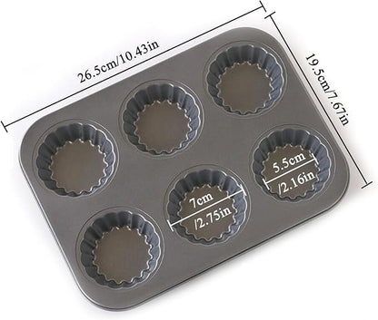2 Pack Mini Tart Pan, 2.75" Egg Tart Molds 6-Cavity Non Stick Fluted Mini Tart Mould, Reusable Quiche Bakeware Carbon Steel for Pies, Quiche, Cheese Cakes, Desserts(Not Included Cutting Mold)