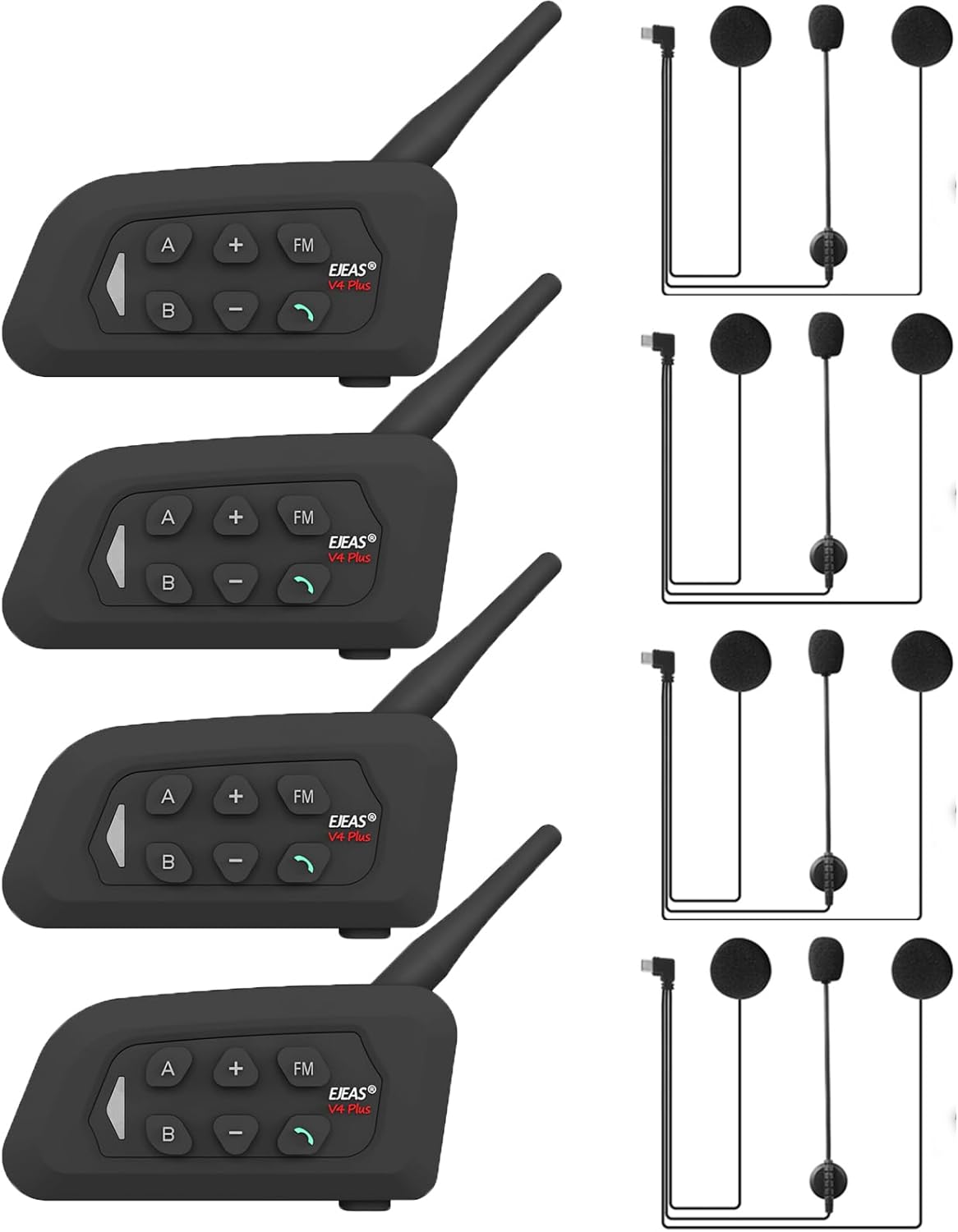 MIMIRACLE V4 Plus Motorcycle Helmet Bluetooth Intercom Headset, Up to 4 Riders 1500M IP65 Waterproof Motorbike Communication System for Skiing/ATV/Off Road -4 Pack