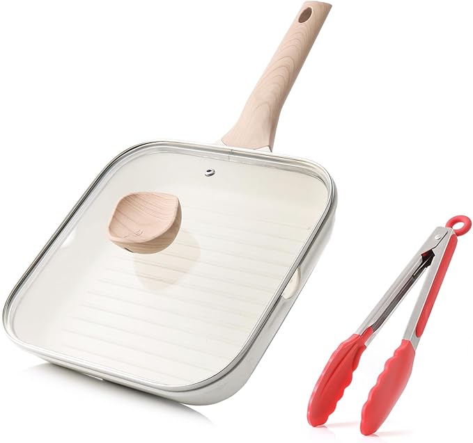 Kordisen Nonstick Grilling Pan with Lid for Stove Tops, 9.5 Inch Square Grill Pan for Indoor Cooking, Healthy Coating Grill Skillet with Pour Spouts, Versatile Griddle, Induction Steak Pan, White