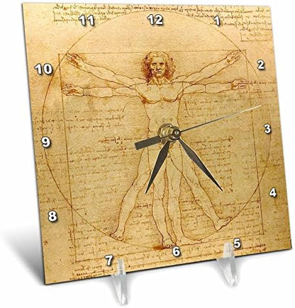 3dRose Vitruvian Man by Leonardo Da Vinci 1490 - Fine Anatomical Art - Human Anatomy Pen and Ink Drawing - Desk Clock, 6 by 6-Inch (dc_155633_1)